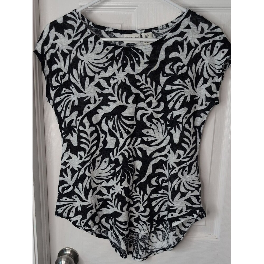 Rachel Zoe 100% Linen Black & White Tropical Leaf Short Sleeve Tee Size S